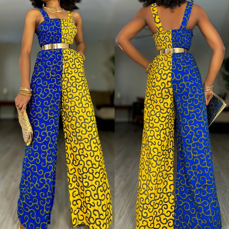 Multipattern Patch African Print jumpsuit, Ankara Jumpsuit, Jumpsuit, Jumpsuits for Women, African Fall Fashion, African Women Clothing Blue and Yellow