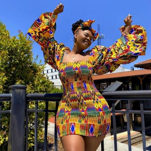 Stretchy midi/short summer Kente dress Ankara dress Dashiki African print dress for women, plus size dress African clothing for women image 1