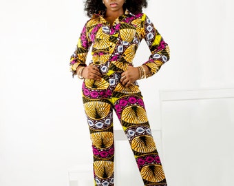Tamika Damen Afrikanischer Print Jumpsuit in Gelb, Rosa, Weiß Ankara/Dashiki Muster