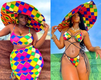 Zweiteilige Bademode/Bikini/Oberteil/Shorts/Oversized Mütze/Rock made in Stretchy African Ankara Print/Kente/African Women es Summer clothing