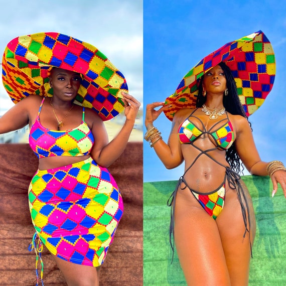 Two-piece Swimwear /bikini/ Top /shorts/ Oversized Hat/ Skirt Made in  Stretchy African Ankara Print/ Kente / African Women's Summer Clothing 