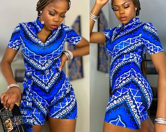 Thabisa Women Romper (Stretchy African Print Fabric/ Ankara in Blue & White Color Zeta Phi Beta| Black Excellence)
