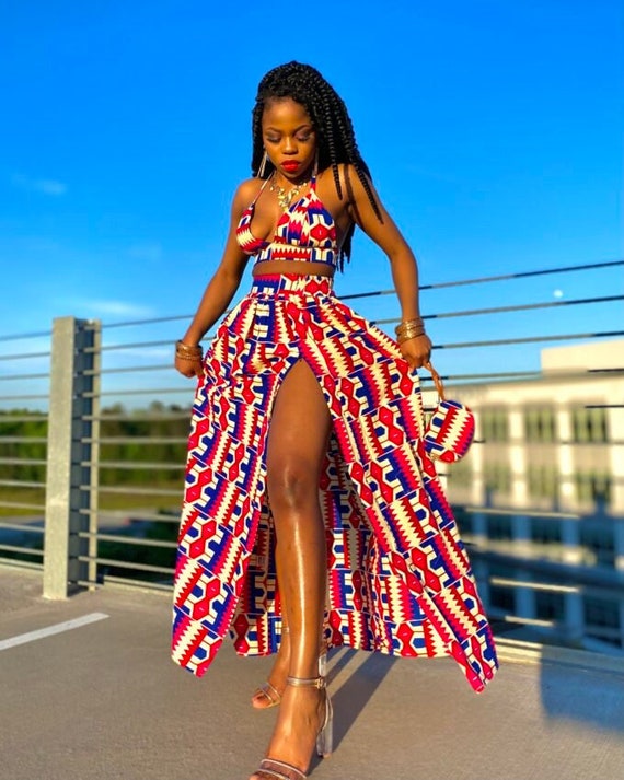 African Print Maxi Skirt With a Zipper Slit, Long Gathered Skirt