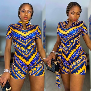 Thabisa Women Romper (Stretchy African Print Fabric/ Ankara in Blue & Gold Color Sigma Gamma Rho sorority| Black Excellence)
