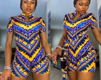 Thabisa Women Romper (Stretchy African Print Fabric/ Ankara in Blue & Gold Color Sigma Gamma Rho sorority| Black Excellence)