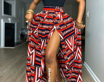 African Print Maxi Skirt, High Waist Cotton Ankara, Zipper Slit