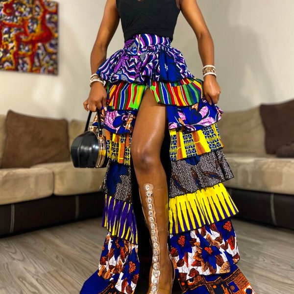 Jupe Maxi imprimé africain avec une fente à glissière, jupe longue Patch, jupe Ankara, jupe longue Maxi / vêtements pour femmes africaines / jupe d'été