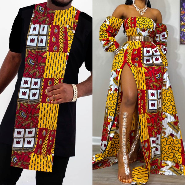 Matching Couple African Outfit: Dashiki/Kente/Ankara Print Maxi Dress, headwrap & Men's Shirt. Perfect for Wedding/Prom/Bridesmaid/groomsmen