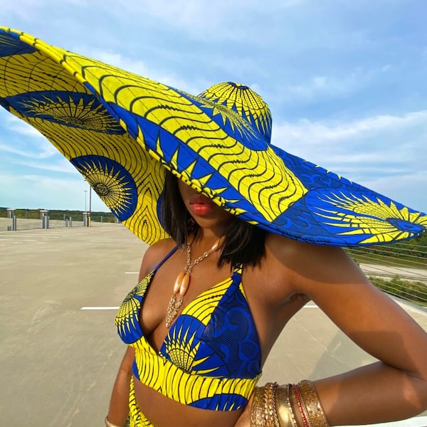 Ankara Oversized sun hat / summer hat/ Giant Ankara hat/ Wide Brim Beach Hats For Women/ Anti-uv Sun Protection Sun Shade Hat Cap Cover