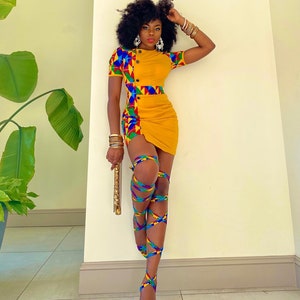 Women Dress and Sandal set/ Stretchy midi/short summer Kente dress Ankara dress Sandal African print dress for women, plus size dress image 1