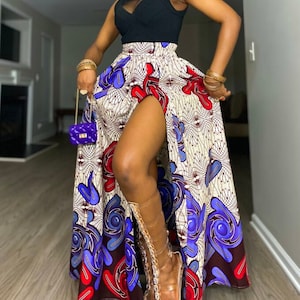 Jupe longue à imprimé africain avec fente pour fermeture à glissière, jupe longue froncée, jupe Ankara, jupe longue maxi / vêtements africains pour femmes / jupe d'été