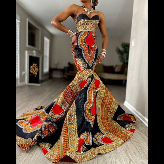 Dress in kente cloth style, concept of African Print and Colorful