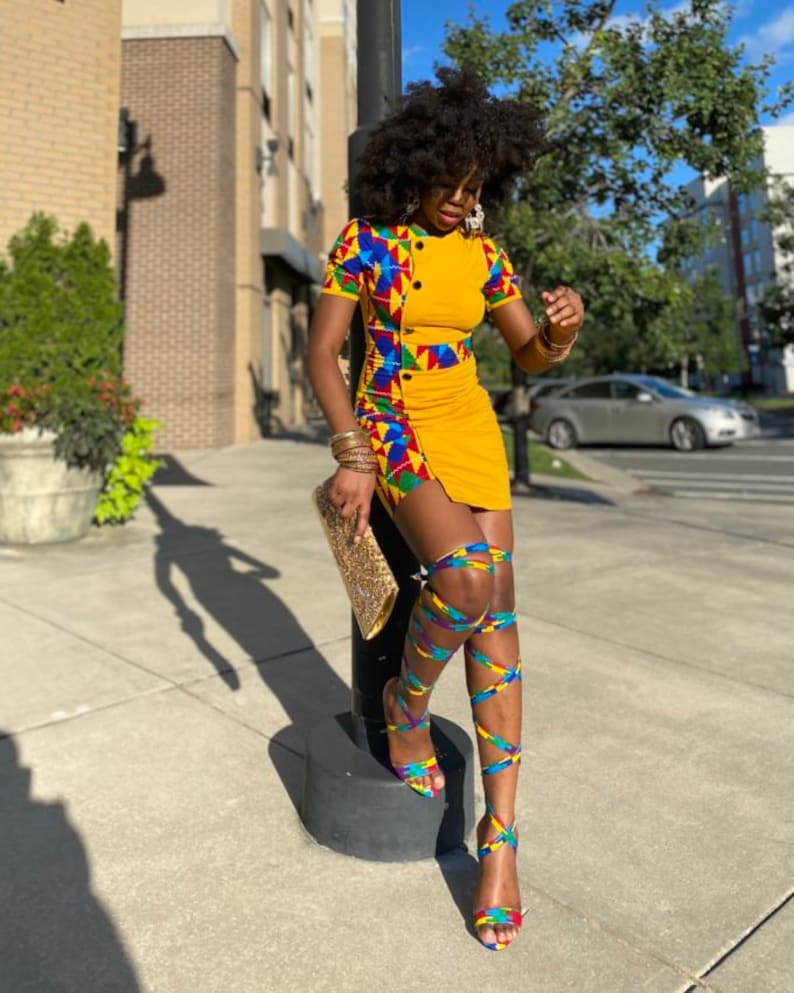 Women Dress and Sandal set/ Stretchy midi/short summer Kente dress Ankara dress Sandal African print dress for women, plus size dress image 9