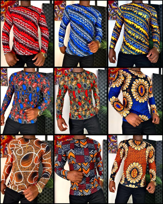Bold African Print Long Sleeve Shirt, Men's Ankara Top, Geometric Kente Tee, Bogolan Crew neck T-Shirt, Gift for Him, Dad, Husband, Son