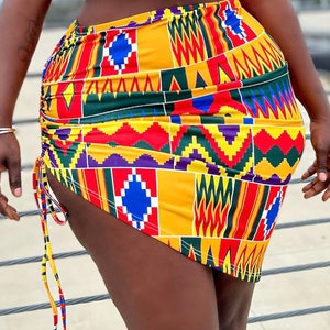 Two-Piece Swimwear /Bikini/ Top /Shorts/ Oversized Hat/ Skirt made in Stretchy African Ankara Print/ Kente / African Women's Summer clothing Skirt