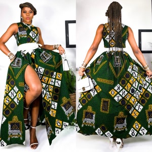 Green and white African Print Maxi Dress for Weddings, Proms & Special Occasions - Dashiki/Kente/Ankara/African fashion Styles for Women