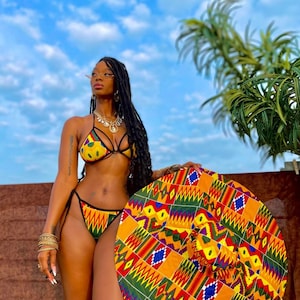 Two-Piece Swimwear /Bikini/ Top /Shorts/ Oversized Hat/ Skirt made in Stretchy African Ankara Print/ Kente / African Women's Summer clothing image 7