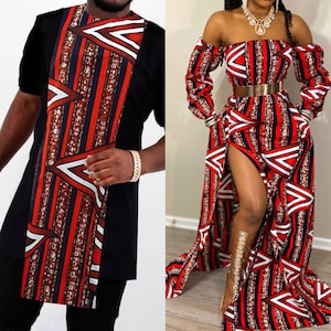 Matching Couple African Outfit: Dashiki/Kente/Ankara Print Maxi Dress, headwrap & Men&#39;s Shirt. Perfect for Wedding/Prom/Bridesmaid/groomsmen