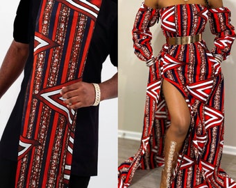 May include: A matching couple's outfit set featuring a black and red patterned shirt and a long red and black patterned dress with a thigh-high slit.