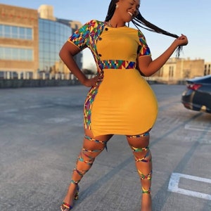 Women Dress and Sandal set/ Stretchy midi/short summer Kente dress Ankara dress Sandal African print dress for women, plus size dress image 2