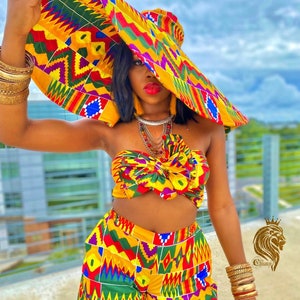 Two-Piece Swimwear /Bikini/ Top /Shorts/ Oversized Hat/ Skirt made in Stretchy African Ankara Print/ Kente / African Women's Summer clothing Oversize Hat