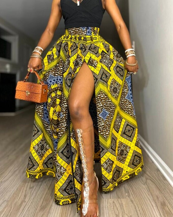 African Print Maxi Skirt With a Zipper Slit, Long Gathered Skirt