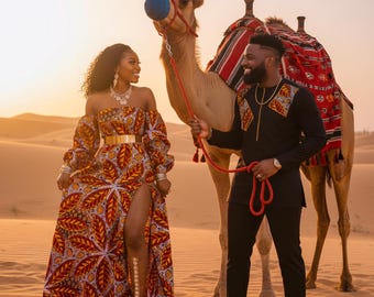 Roodgouden en zwarte Kente bijpassende outfit voor koppels – Ankara maxi-jurk met gouden riem, sandalen en dashiki-shirt voor heren (Afrikaanse bruiloftset)