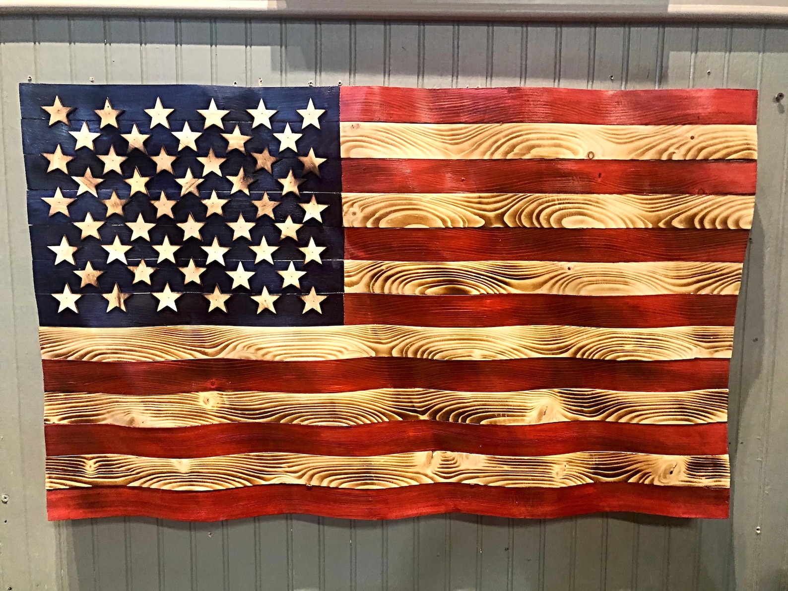 Wavy American Flag Rustic Wood Flag Wavy Wood American Flag Etsy