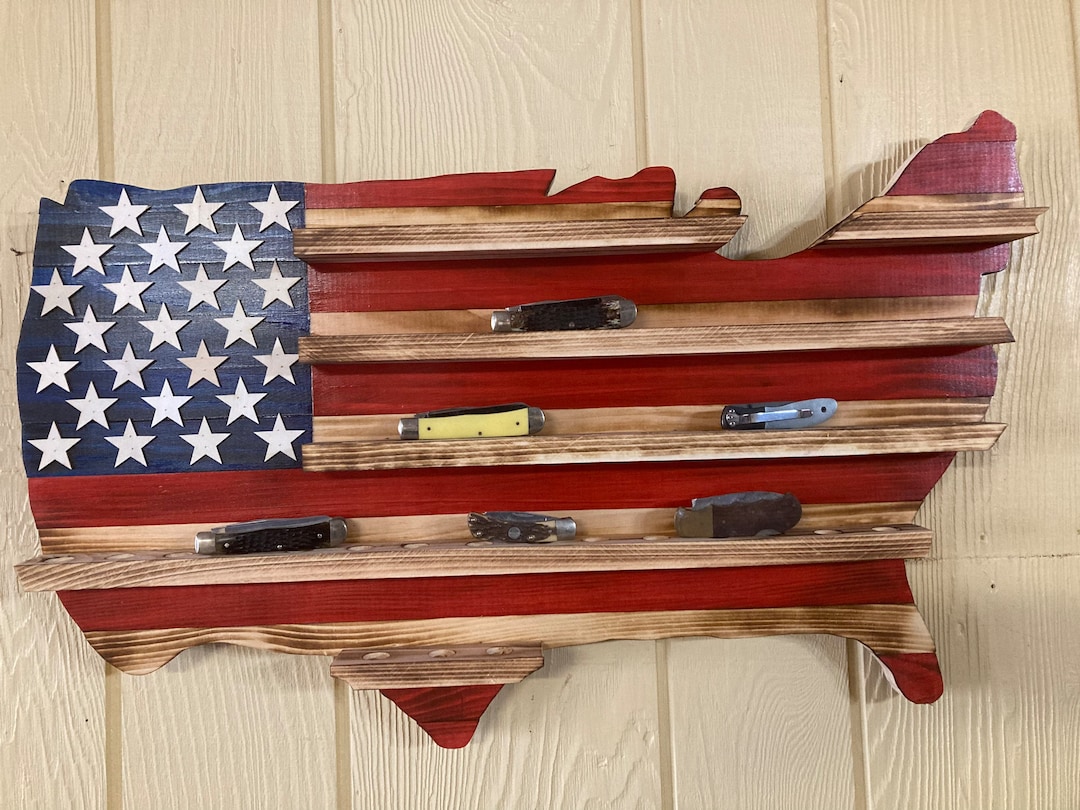 Rustic Knife Display Rustic American USA Flag Knife Display, Knife Holder, Pocket Knife ...