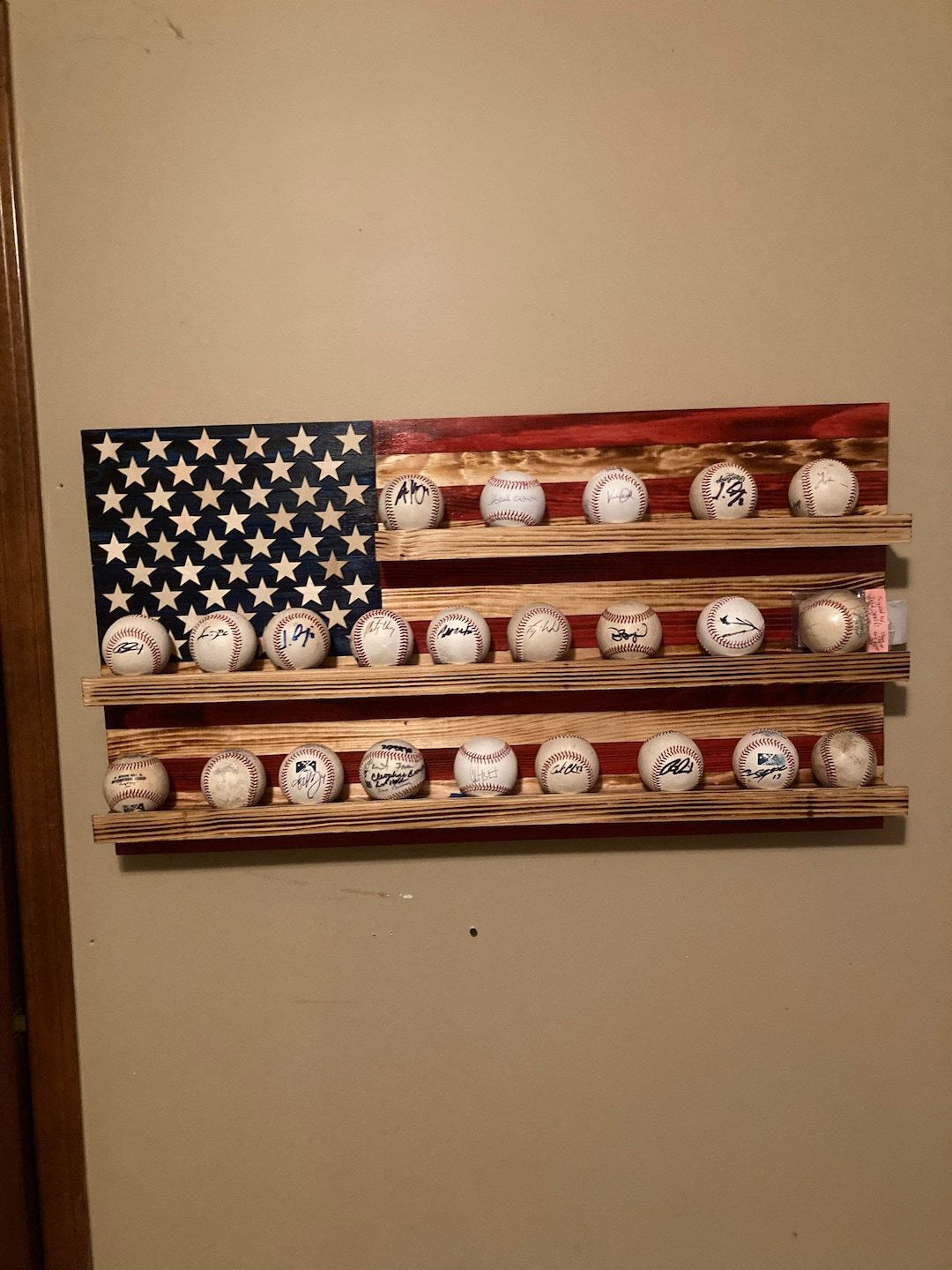Rustic Softball Rustic American Flag Baseball Display, Baseball Holder, Softball ...