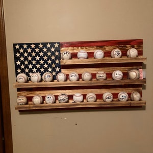 Rustic American Flag Baseball Display, Baseball Holder, Softball Display, Baseball Case, Baseball Rack, Softball Holder