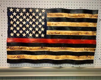 Wavy Thin Red Line Flag, Fire Department Flag, First Responder Gift, Wooden American Flag, Fireman Wife, Firefighter Wife, Thin Red Line