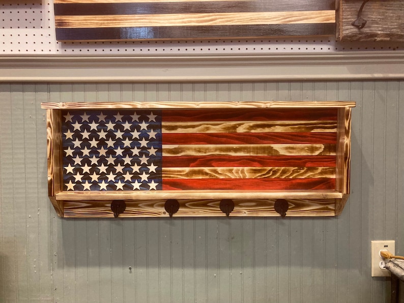 American Flag Hat Rack, Wooden Coat Rack, Hat Rack Rustic, US flag coat rack, Leash Holder, Rustic Flag Home Decor, Rustic Coat Rack natural with burned