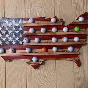 Rustic American USA Flag Golfball Display, Golfball holder, American Flag, Golfball Rack, Wooden American Flag, Golf Gift, Golfball display