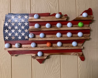 Rustic American USA Flag Golfball Display, Golfball holder, American Flag, Golfball Rack, Wooden American Flag, Golf Gift, Golfball display