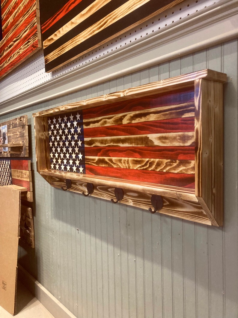 American Flag Hat Rack, Wooden Coat Rack, Hat Rack Rustic, US flag coat rack, Leash Holder, Rustic Flag Home Decor, Rustic Coat Rack image 2