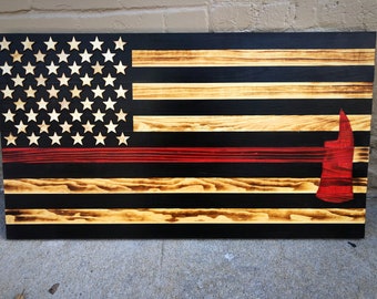 Thin Red line Flag, Firefighter Gift, First Responder Flag, Fireman wife, Wooden American Flag, Fire Department Flag, Free Shipping
