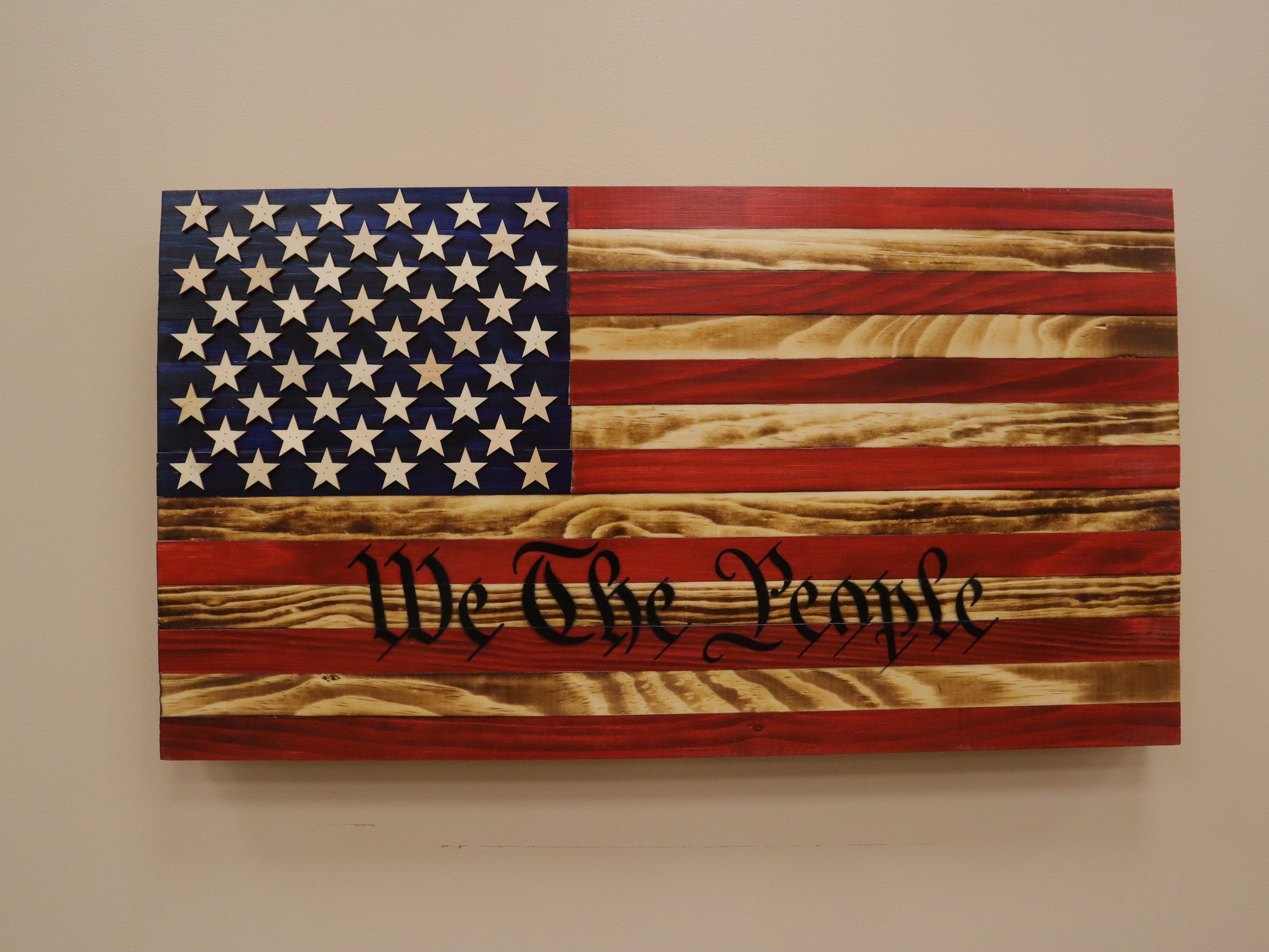 We the People Wood Flag 24x13, Rustic American Burned Wood