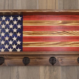 American Flag Hat Rack, Wooden Coat Rack, Hat Rack Rustic, US flag coat rack, Leash Holder, Rustic Flag Home Decor, Rustic Coat Rack dark stain