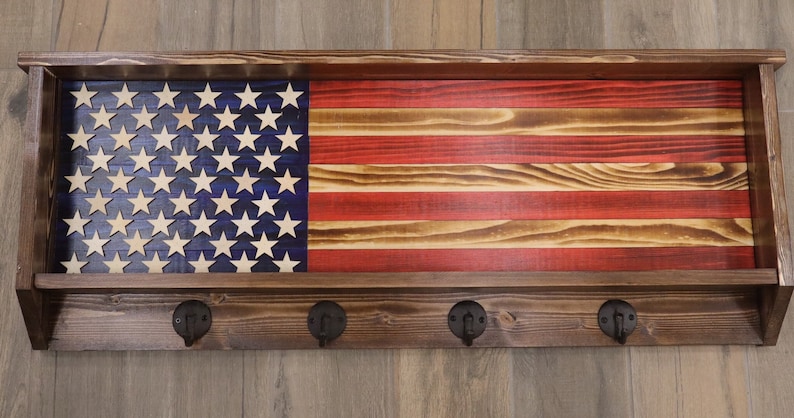 American Flag Hat Rack, Wooden Coat Rack, Hat Rack Rustic, US flag coat rack, Leash Holder, Rustic Flag Home Decor, Rustic Coat Rack dark stain