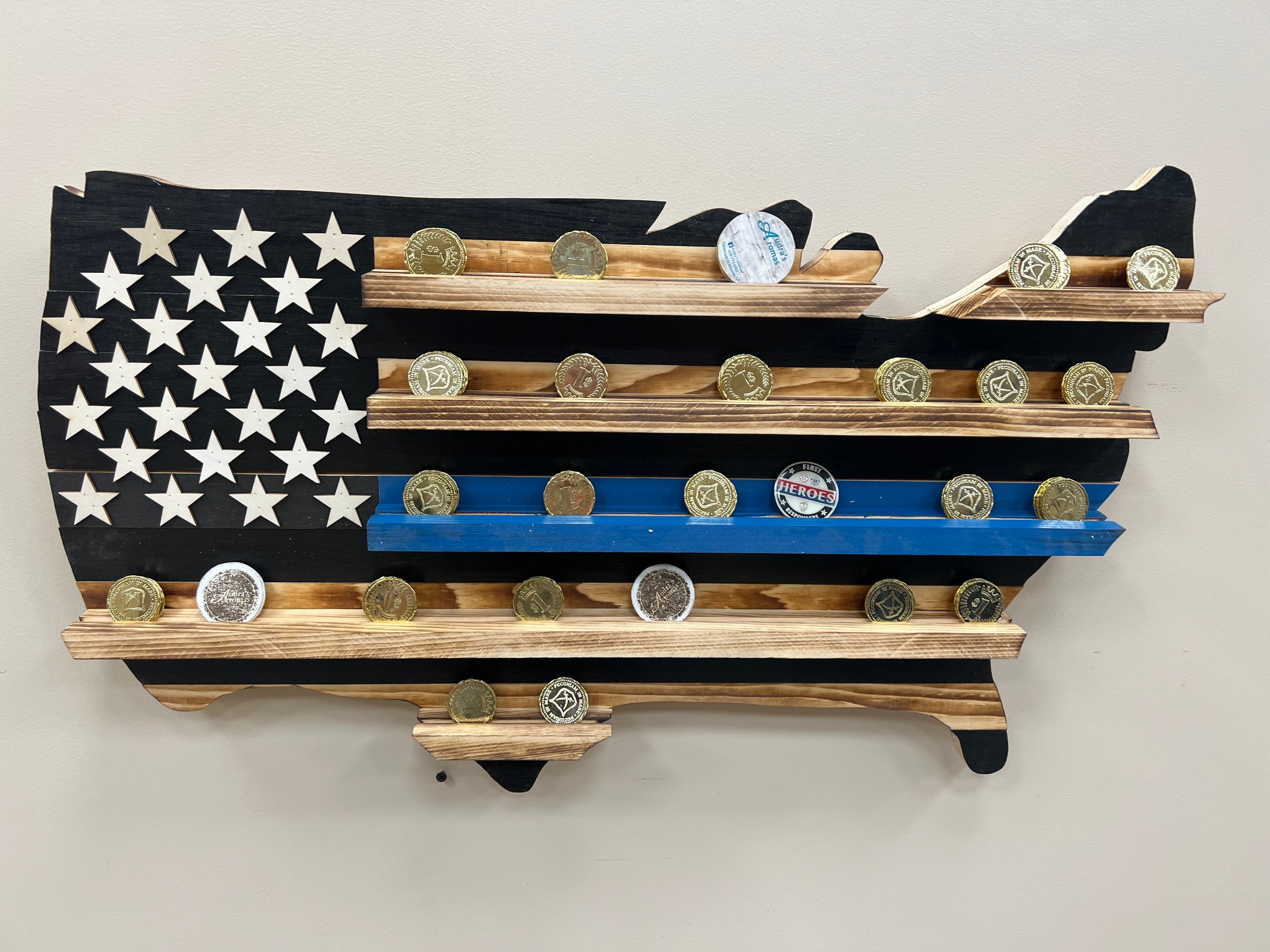 Thin Blue Line Challenge Coin Display, Wooden Flag, Military Challenge Coin Flag, Military Coin Rack, Challenge Coin Flag, Police Coin Flag