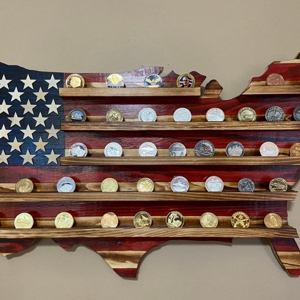 Rustic American USAFlag Challenge Coin Display, Wooden Flag, Military Challenge Coin Flag, Military Coin Rack, Challenge Coin Flag