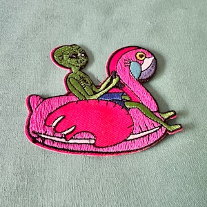 Könnte beinhalten: Ein grüner Außerirdischer reitet auf einem rosa aufblasbaren Flamingo. Der Außerirdische trägt blaue Jeans und hat einen grünen Körper mit einem weißen Gesicht.