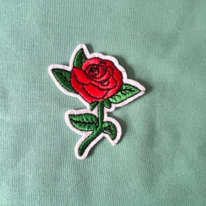 Może przedstawiać: Haftowany czerwony róż z zielonymi liśćmi i białym łodygą na jasnozielonym tle.