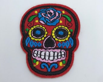 Day Of The Dead Patch - Red Sugar Skull Iron On Patch - Iron on Skull Patch - Day Of The Dead Iron On Patch - Sugar Skull Patches