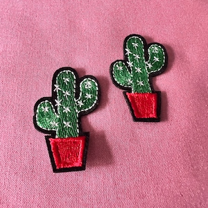 Pode incluir: Duas plantas de cacto verdes com flores brancas em vasos vermelhos. As plantas de cacto são bordadas em um fundo de tecido rosa.