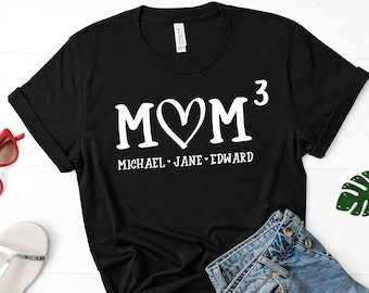 May include: Black t-shirt with white text that reads "MOM^3 MICHAEL - JANE - EDWARD".
