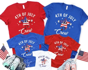 May include: A set of four matching shirts featuring a cartoon star wearing a red, white, and blue American flag design. The shirts say "4th of July Crew" in white text. The shirts are in red, blue, and white.