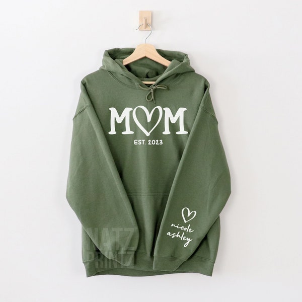 Personalized Mom Sweatshirt With Kids Name On Sleeve, Custom Mom Sweatshirt, Est Date Mom Hoodie, Christmas Gift for Mom, with kids names