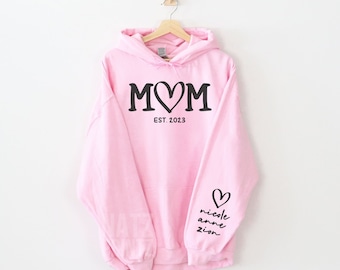 Personalized Mom Sweatshirt With Kids Name On Sleeve, Custom Mom Sweatshirt, Est Date Mom Hoodie, Christmas Gift for Mom